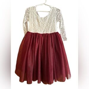Girls’ Vintage Floral Lace Tulle Tutu 3/4 sleeve knee short. Burgundy size 4T